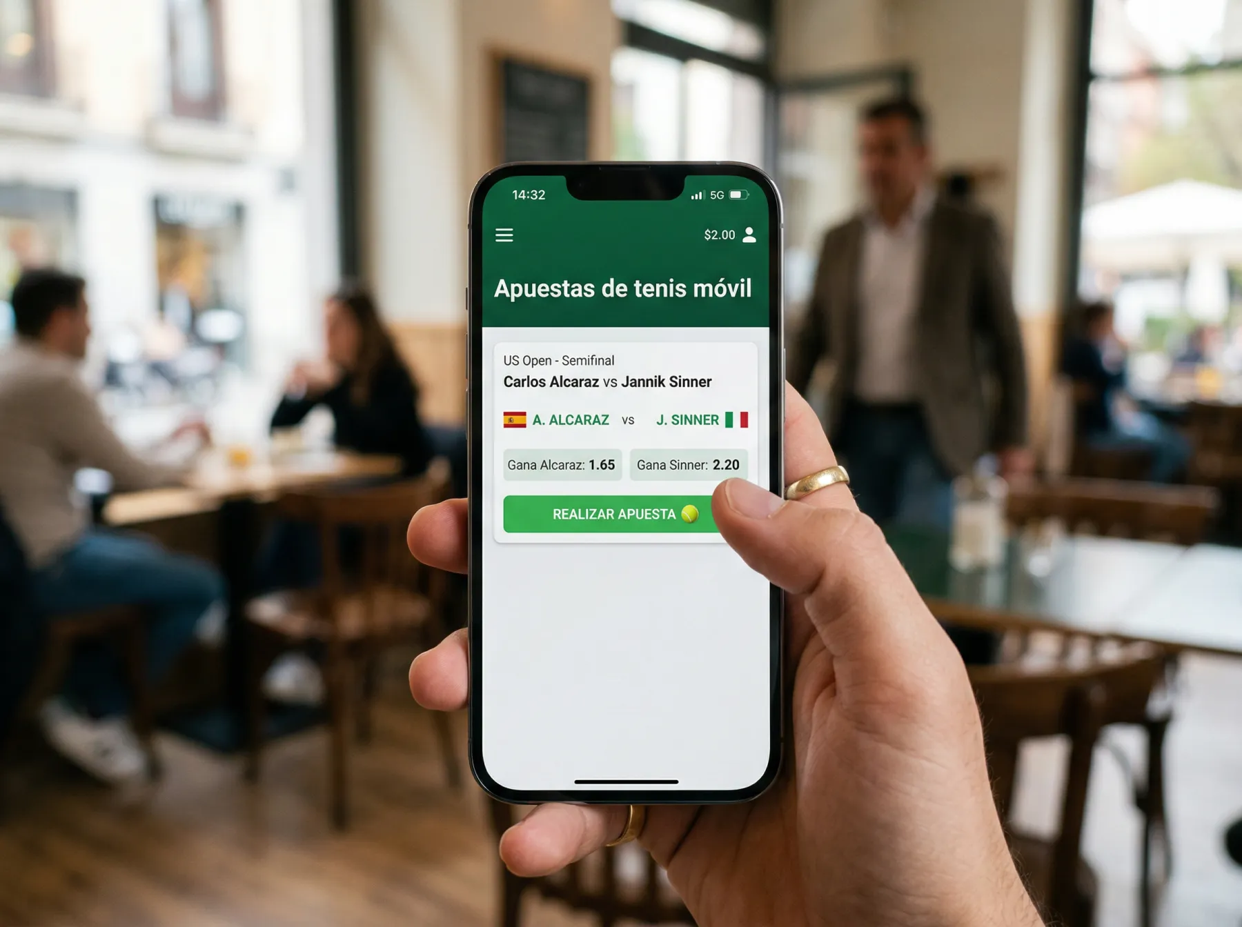 Mano sosteniendo smartphone con aplicación de apuestas deportivas mostrando partido de tenis