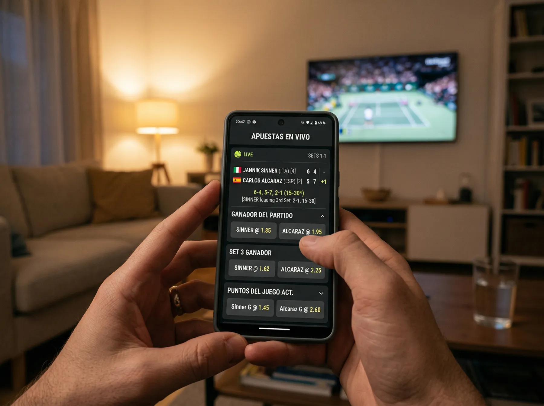 Persona usando smartphone para realizar apuestas en vivo mientras ve un partido de tenis en televisión