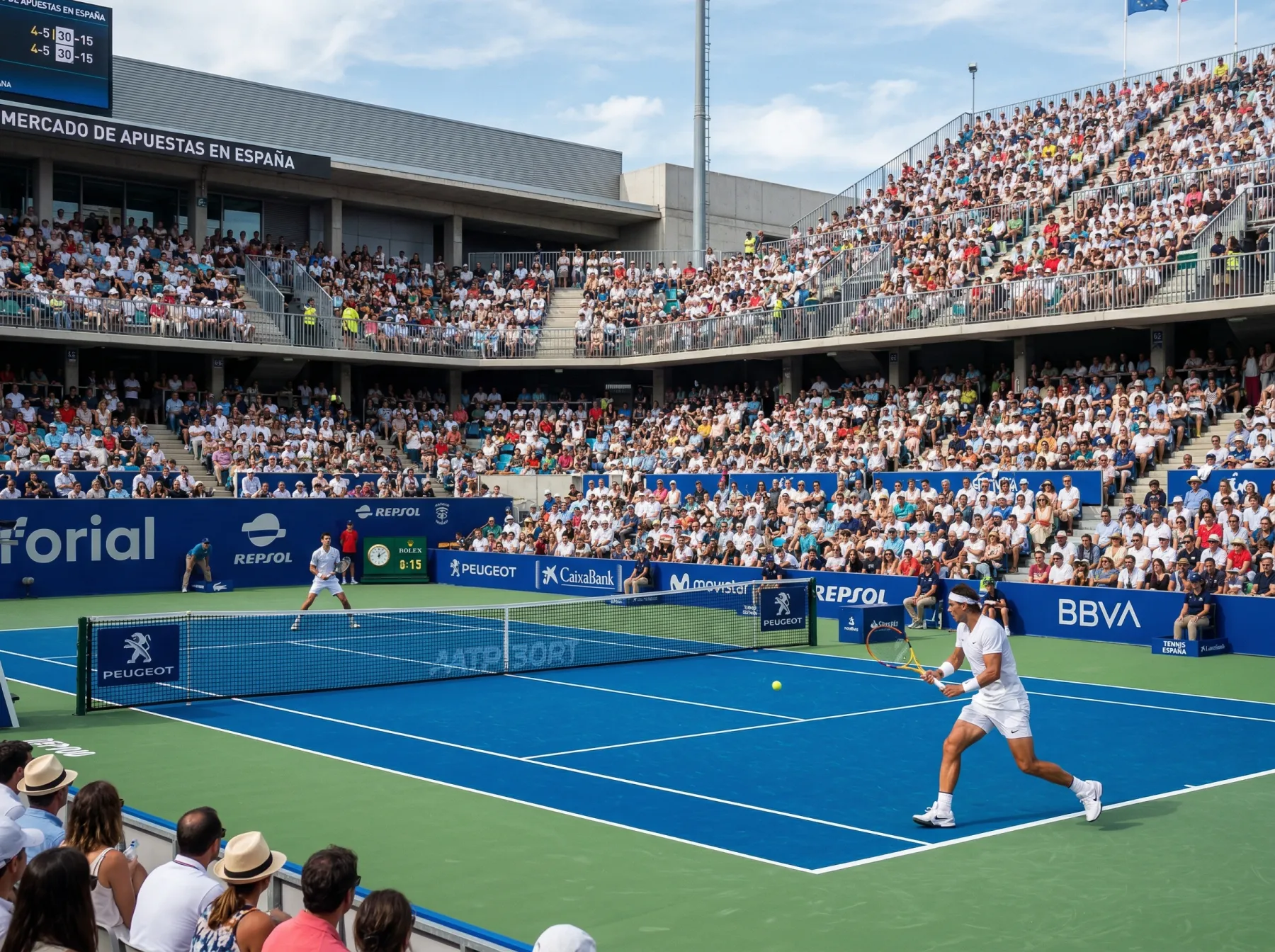 Estadio de tenis durante un partido ATP con aficionados españoles siguiendo el encuentro