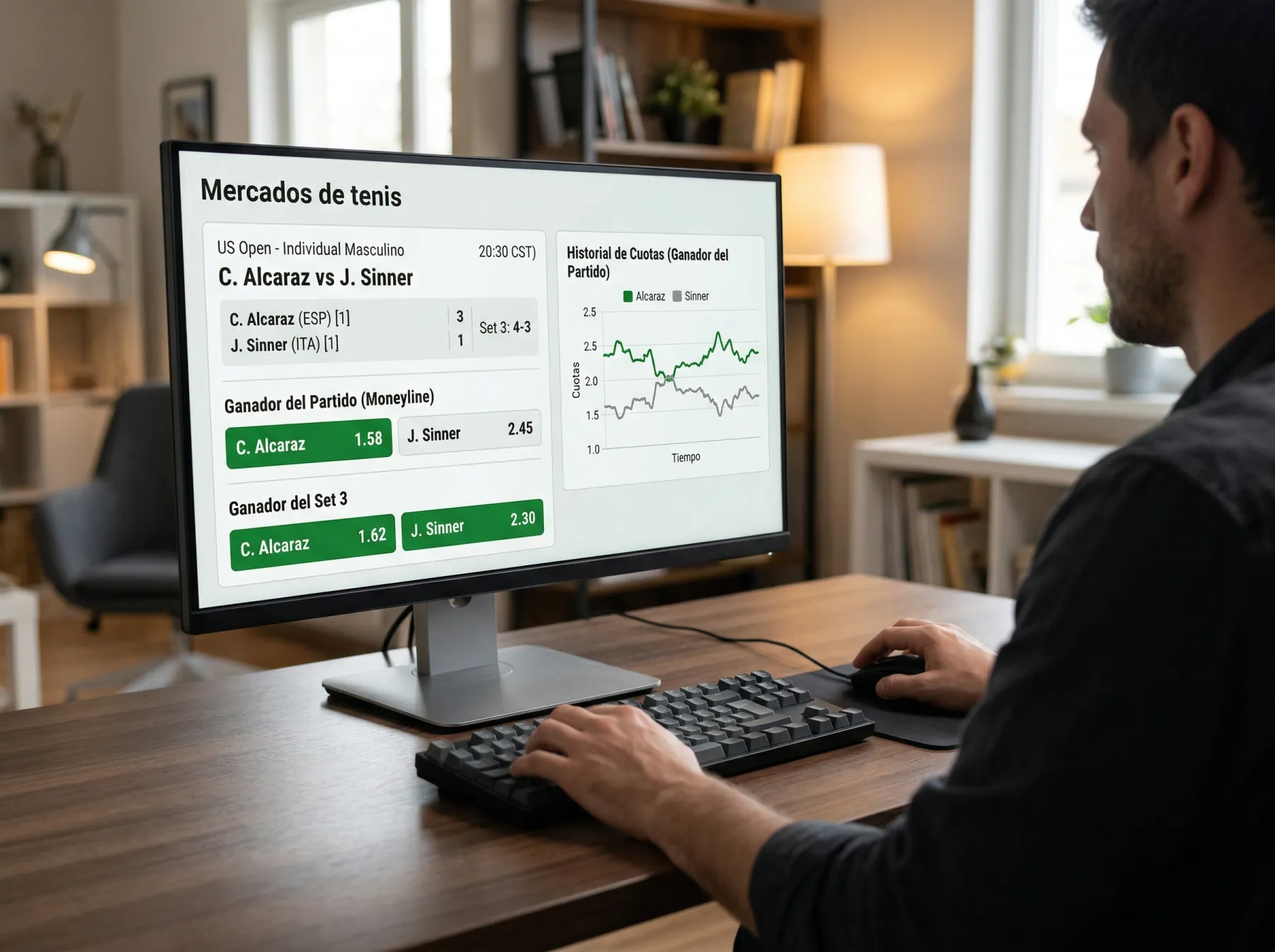 Pantalla de ordenador mostrando panel de mercados de apuestas de tenis con cuotas de hándicap y totales